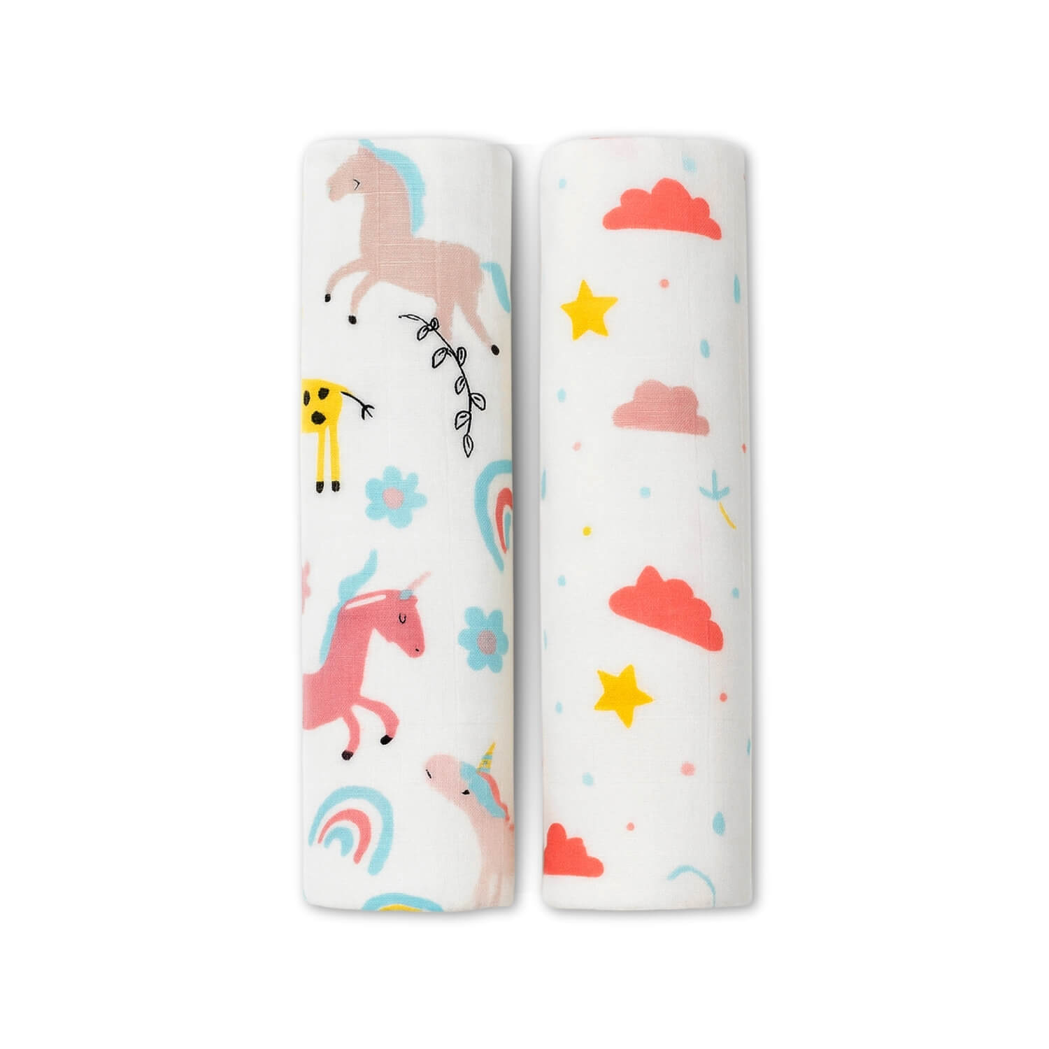 Two cylindrical containers with colorful animal and cloud patterns on a white background