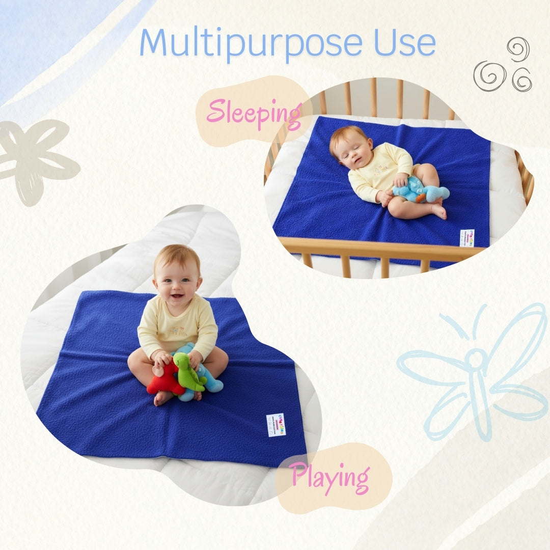 Baby lying on a blue mat with text indicating multipurpose use for sleeping and playing.