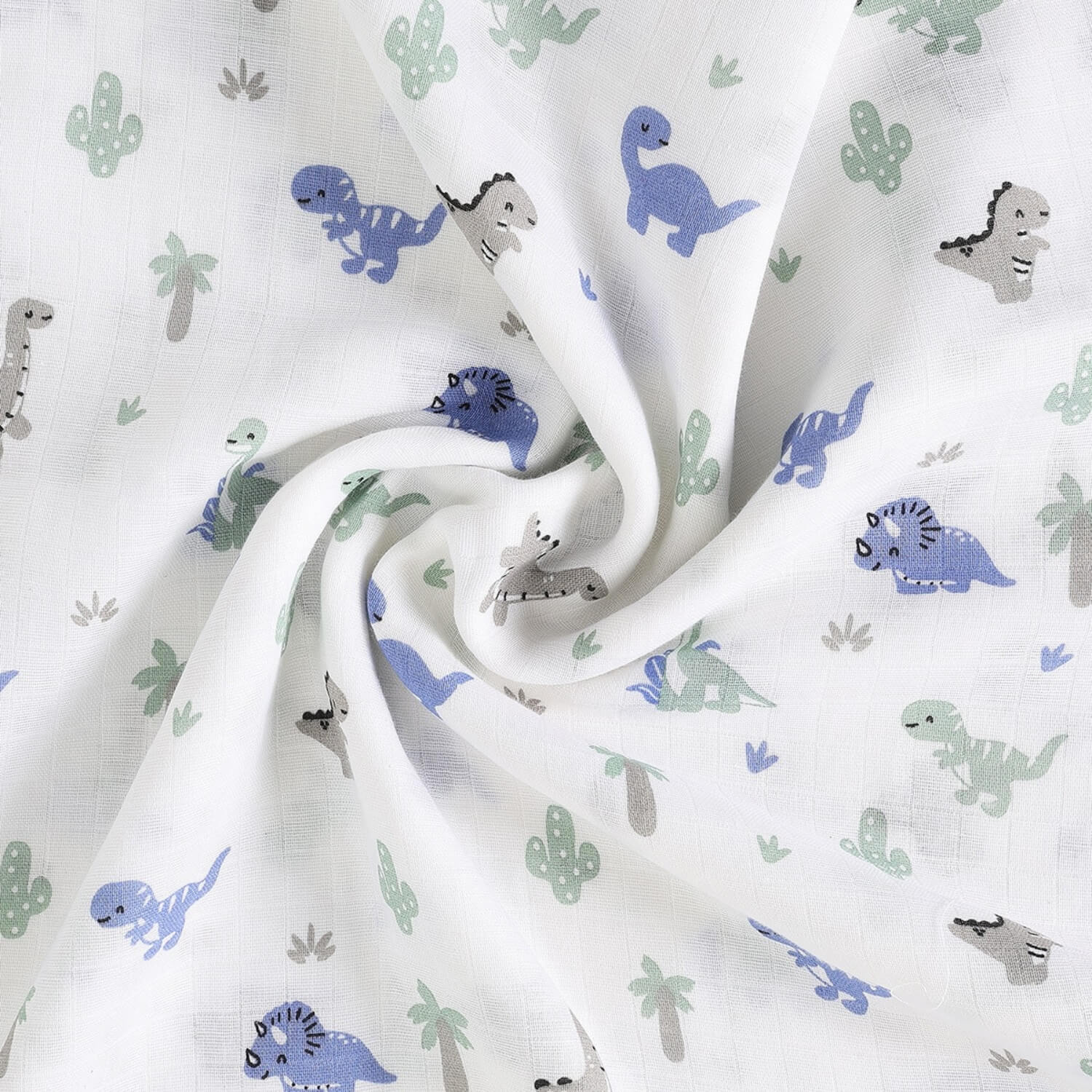 Cutetales White fabric with blue and green dinosaur pattern