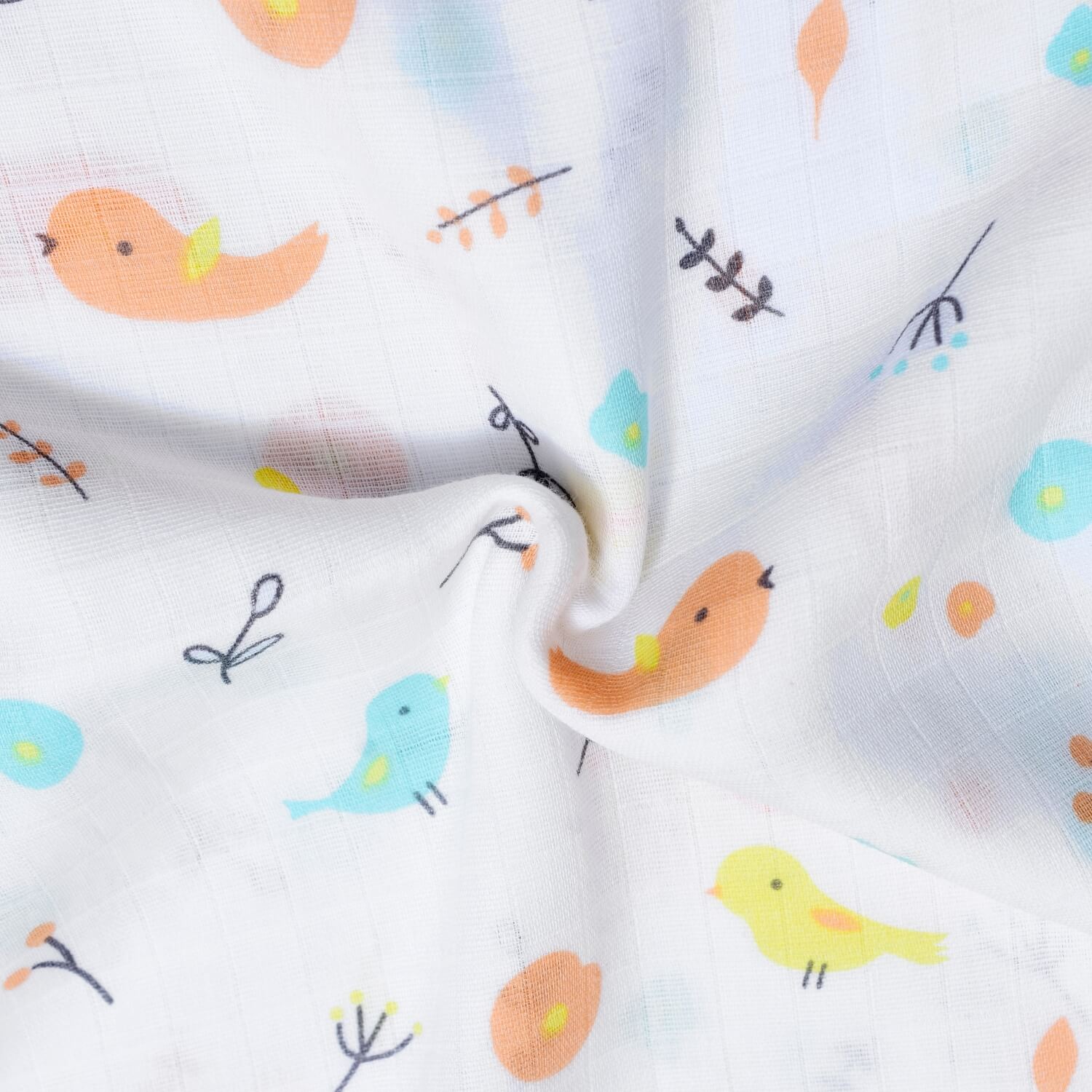 Cutetales Fabric with colorful bird pattern on a white background