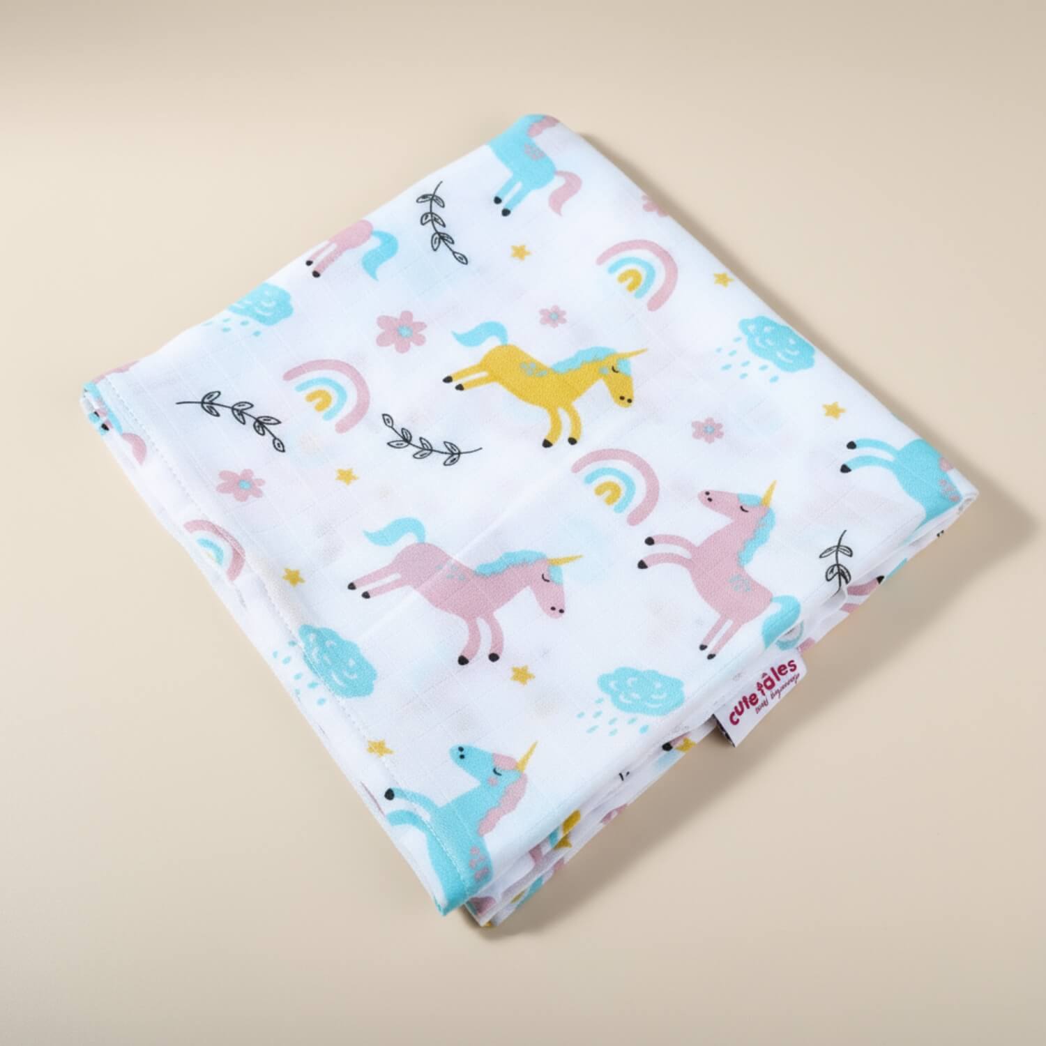 Cutetales Flannel fabric with unicorn pattern on a beige background