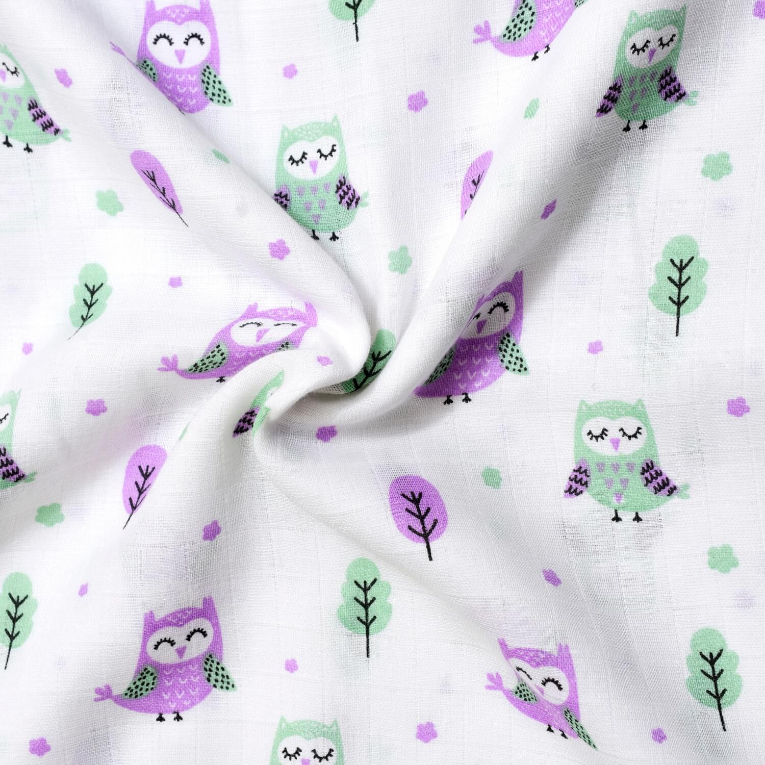 Cutetales Fabric with purple and green owl pattern on a white background