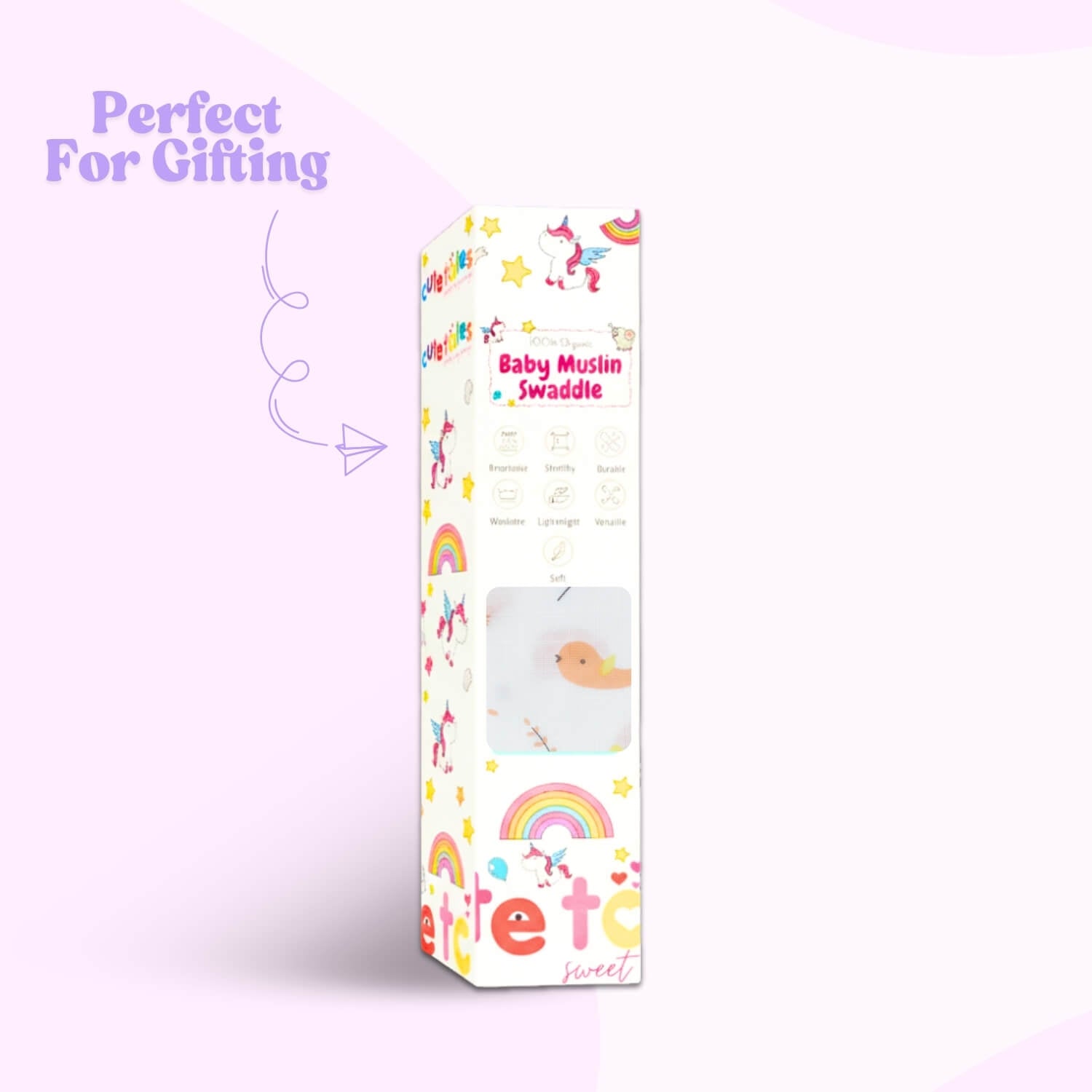 Cutetales Baby swaddle package with colorful design and text on a white background