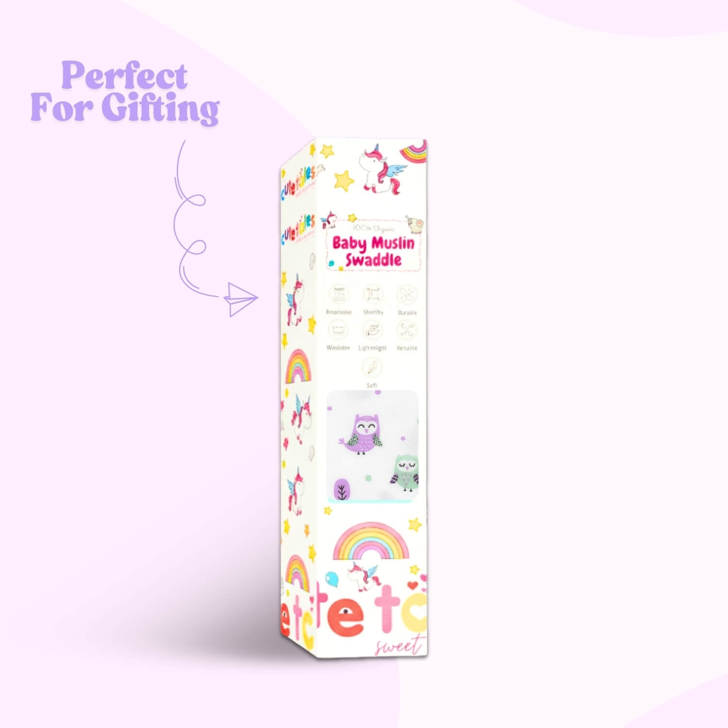 Cutetales Baby swaddle package with colorful design and text on a white background