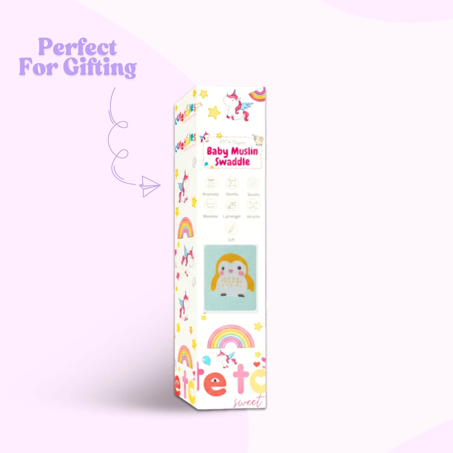 Cutetales Baby swaddle package with colorful design and text on a white background