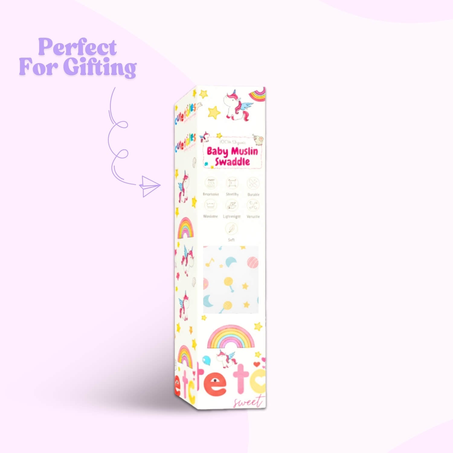 Cutetales Baby swaddle package with colorful designs and text on a white background