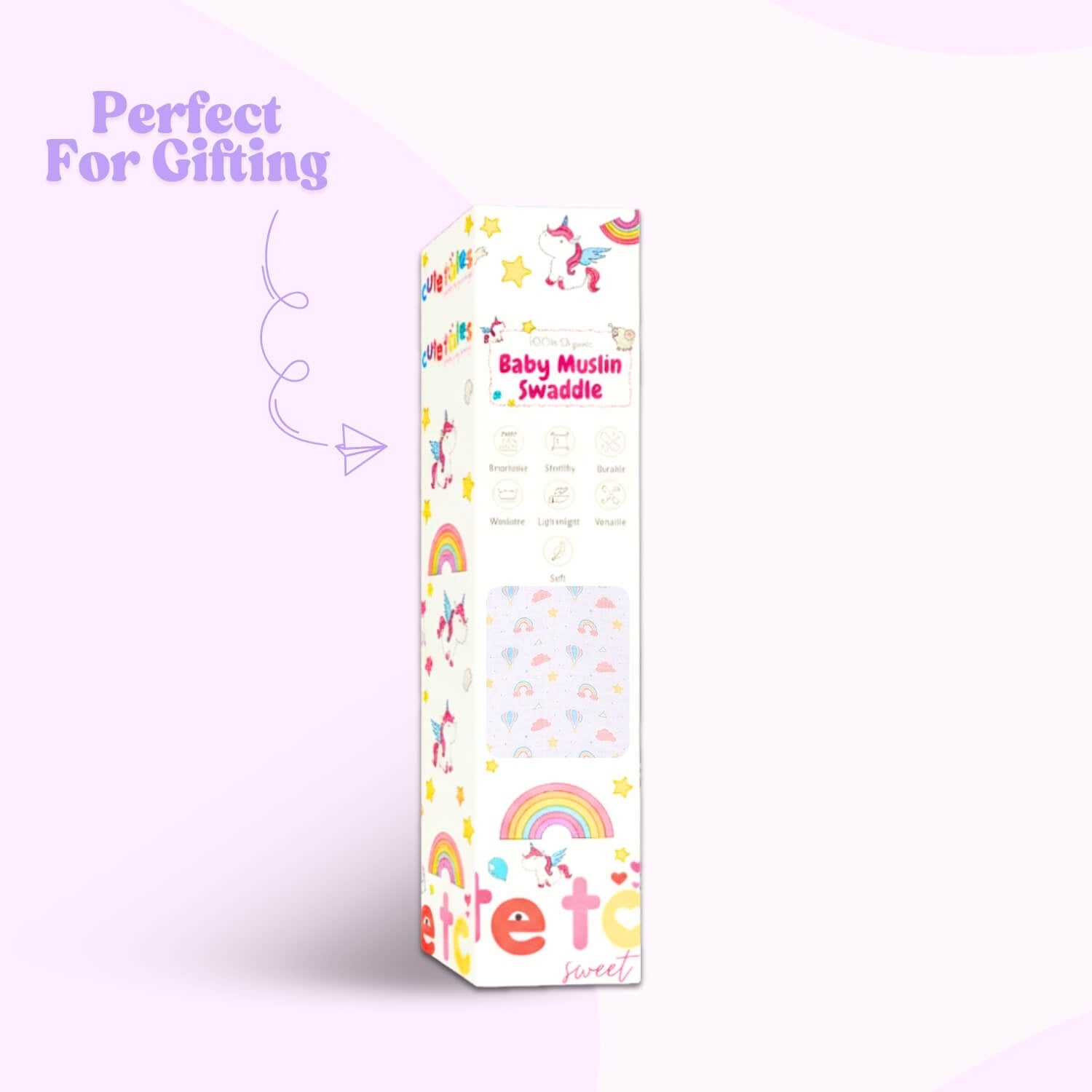 Cutetales Baby swaddle package with colorful designs on a white background