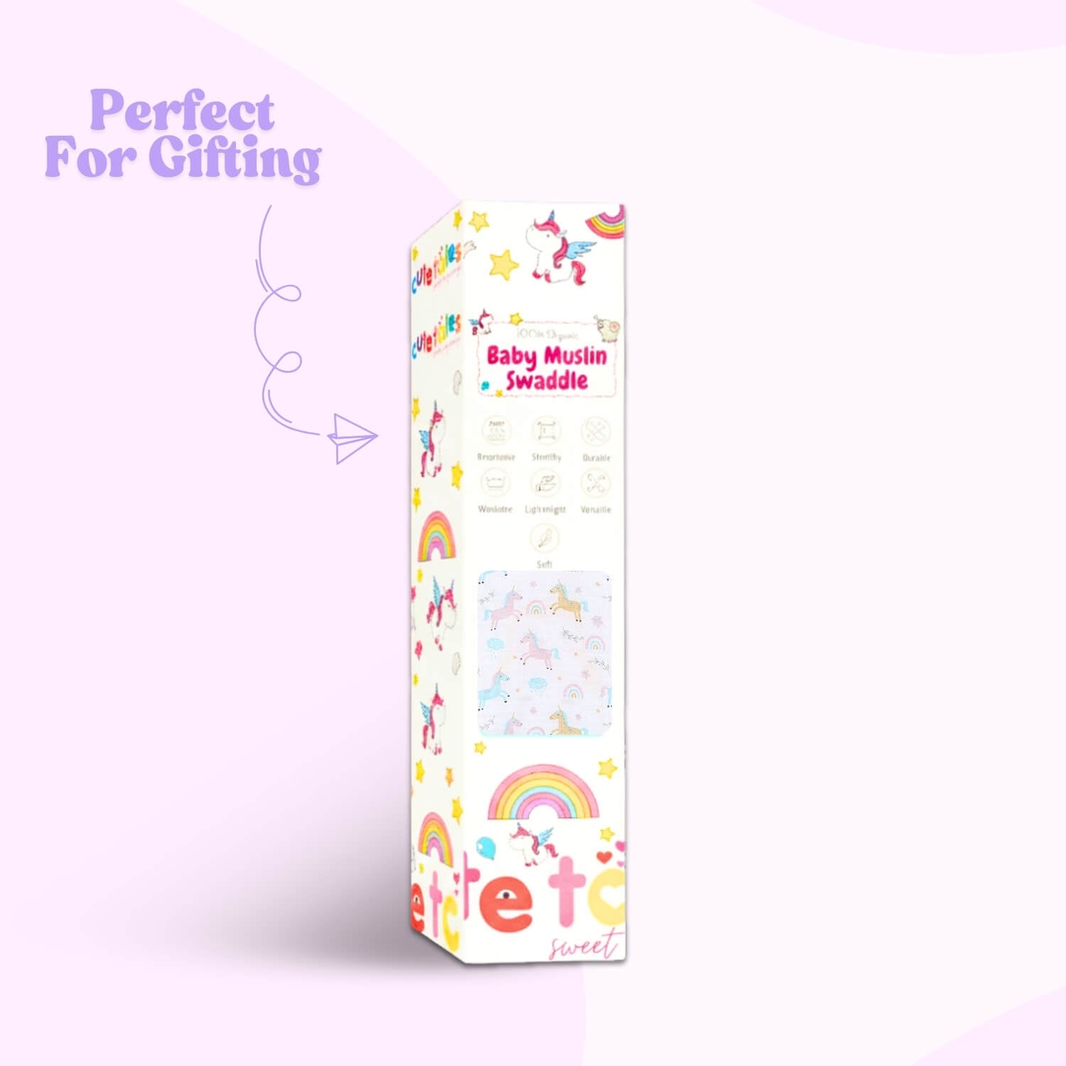 Cutetales Baby swaddle package with colorful designs and text on a white background