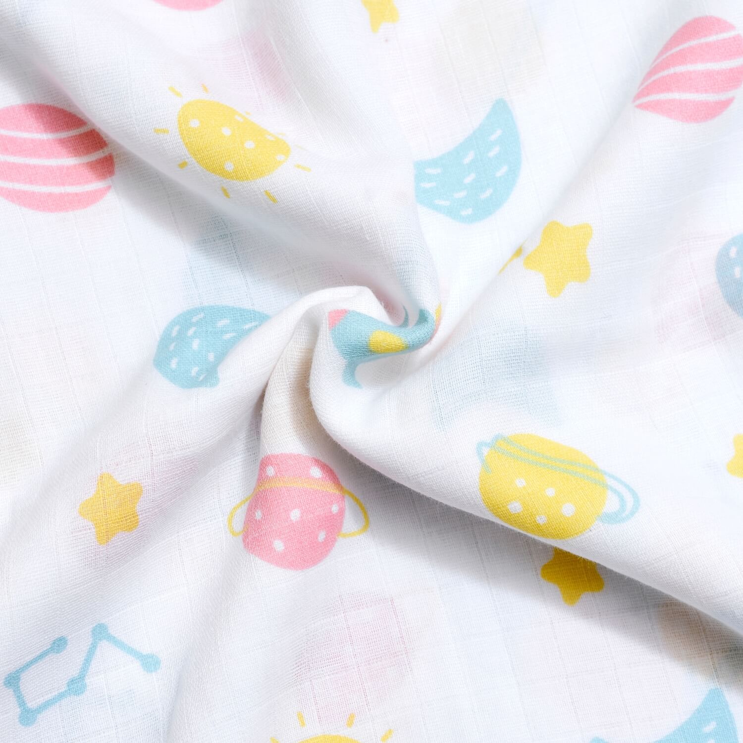 Cutetales Fabric with colorful planet and star patterns on a white background