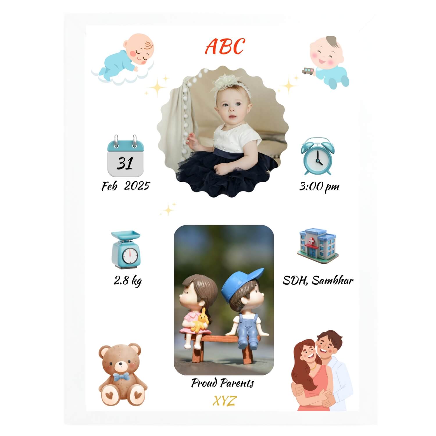 Collage of a baby's milestone photos with various icons and text on a white background.