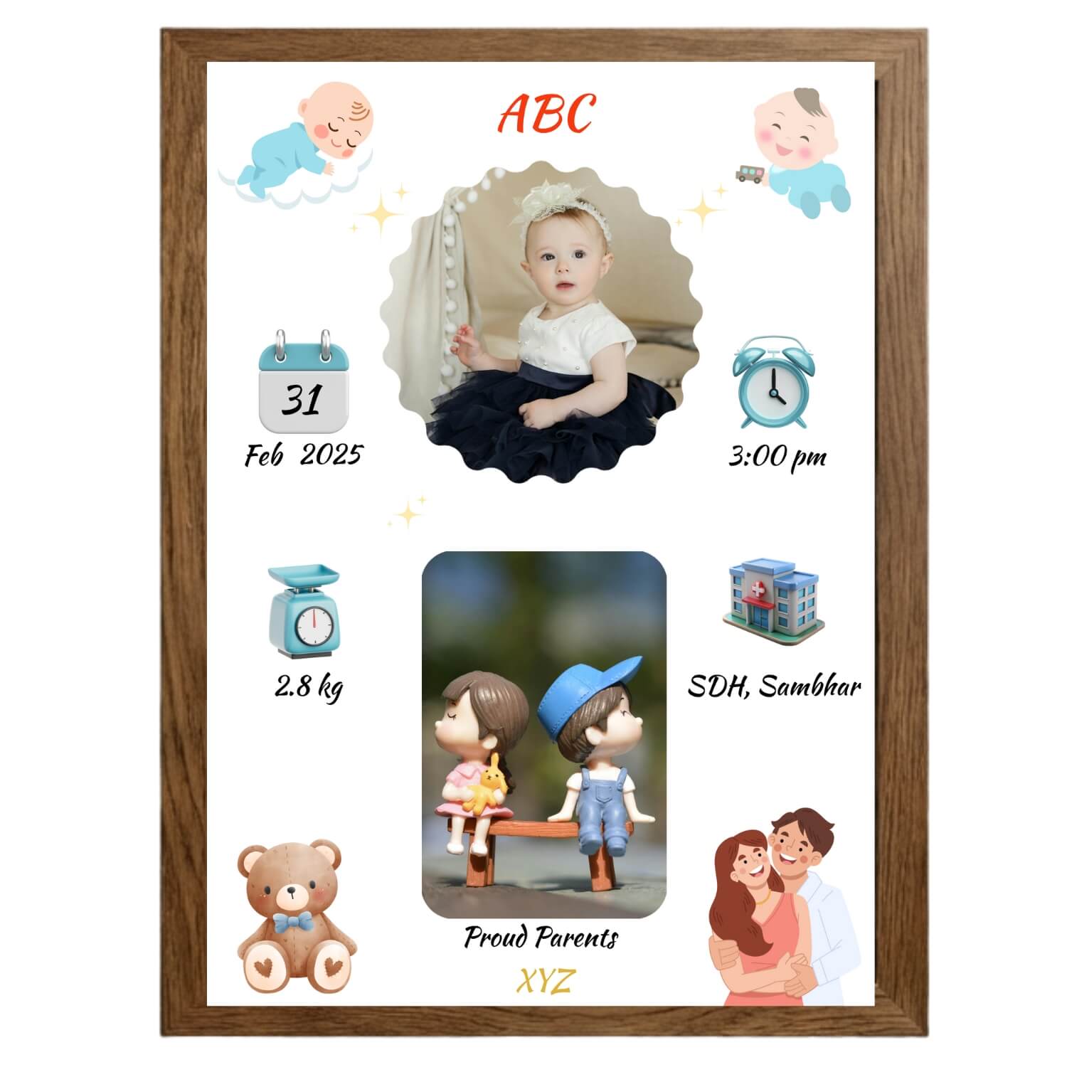 Baby milestone board with illustrations and text on a white background