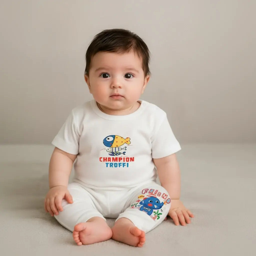 New Born White 100% Cotton T-Shirt and Pyjama Set, Casual Wear
