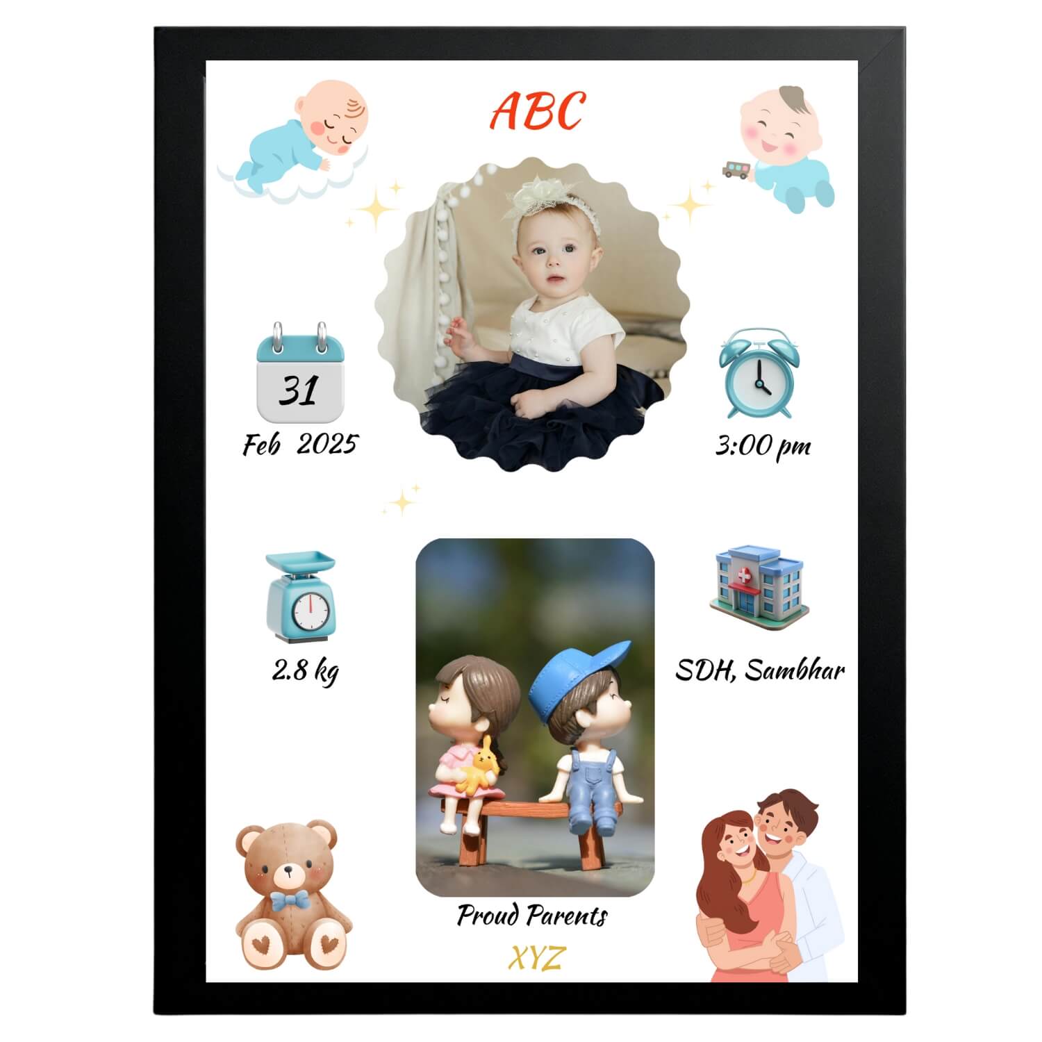 Personalized photo frame with baby birth details images and text