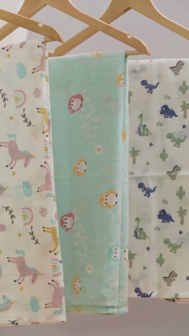 Load video: Baby Muslin Swaddle Blanket | 100×100 CM | Owl Print | Soft Organic Cotton Newborn Swaddle Wrap